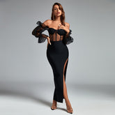 Off Shoulder Mesh Maxi Bandage Dress